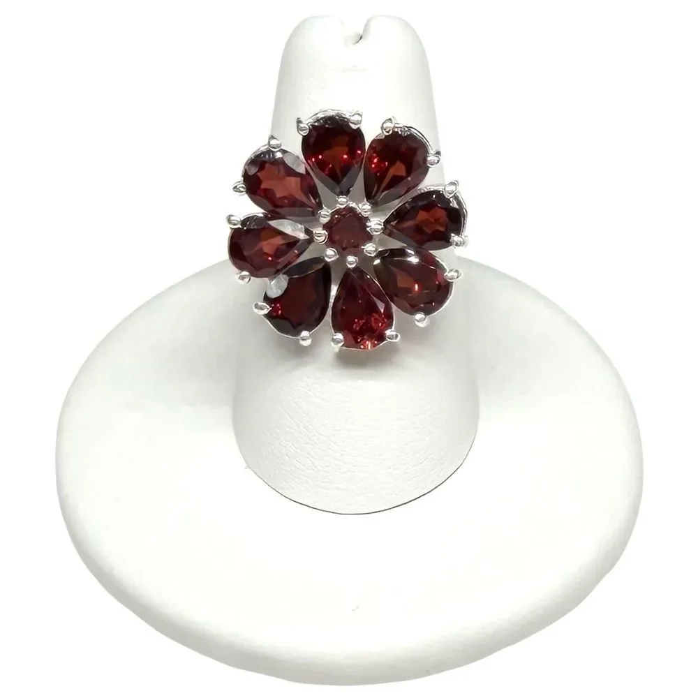 Garnet Ring Size 10 Flower Shaped Solid 925 Sterling Silver Daisy Multi Stone